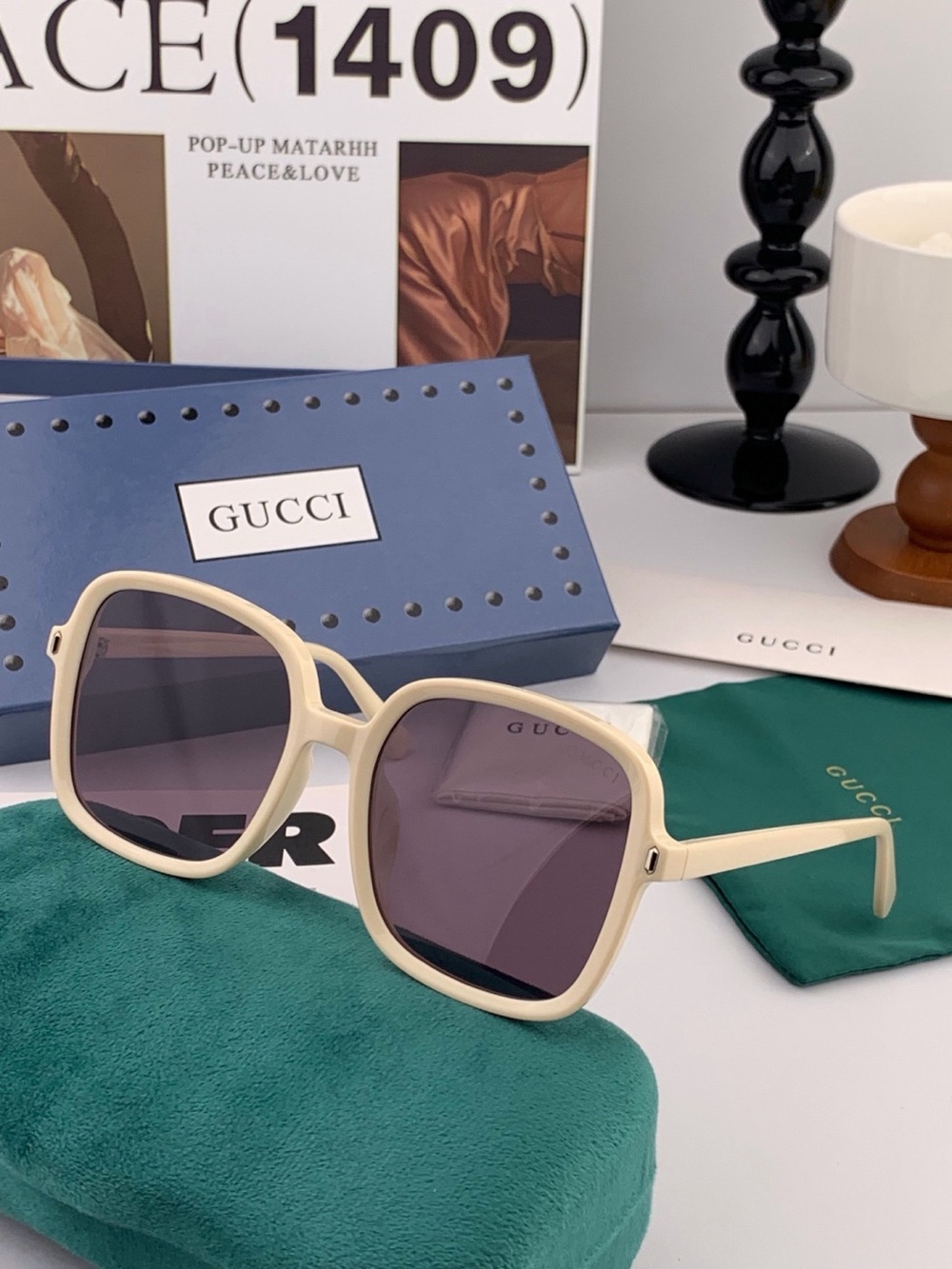 Gucci Cream Square Sunglasses with Gray Lenses